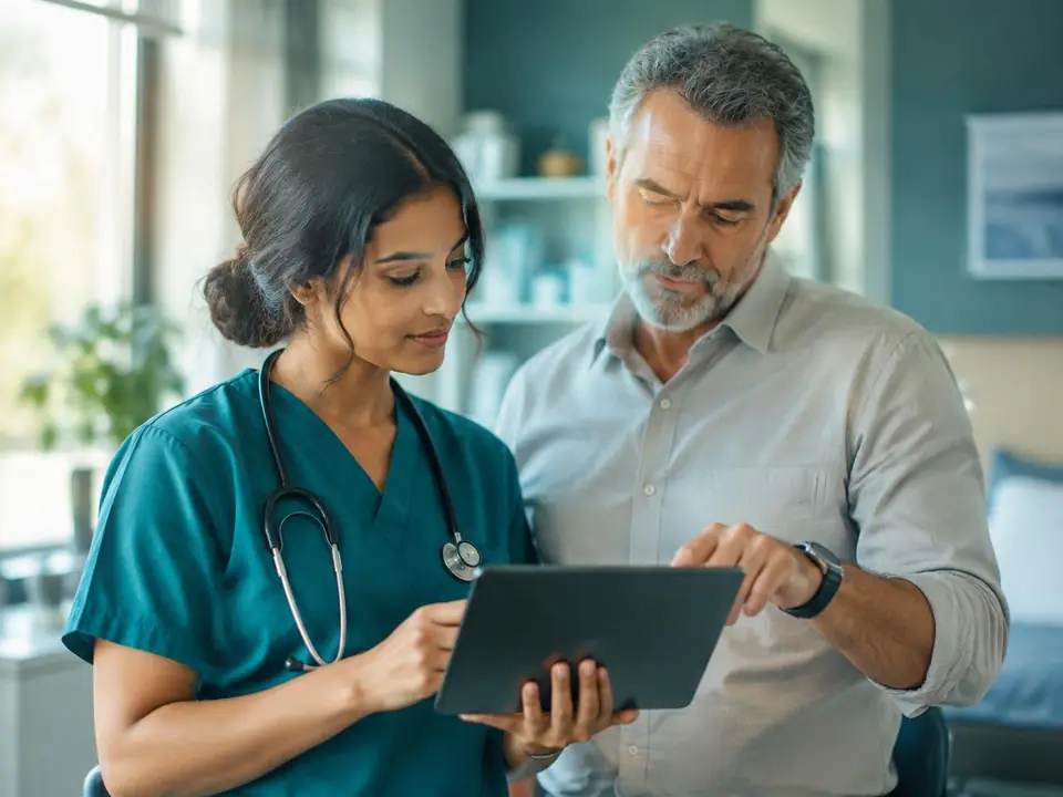 Two clinicians review information together on a tablet in a clinical workroom.