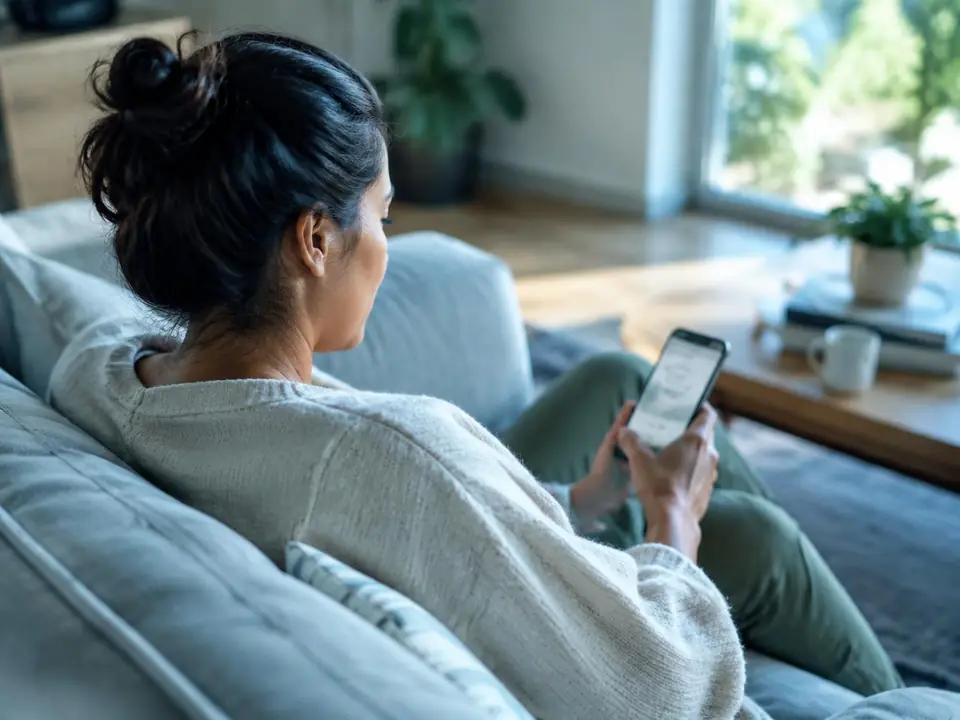 A patient at home looks at her phone while relaxing on a sofa.