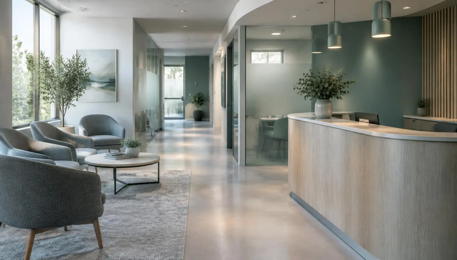 A quiet, sunlit reception area inside a modern small medical practice.