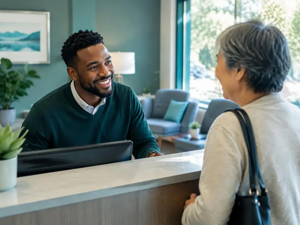 A friendly front-desk staff member welcomes a patient into a medical practice.
