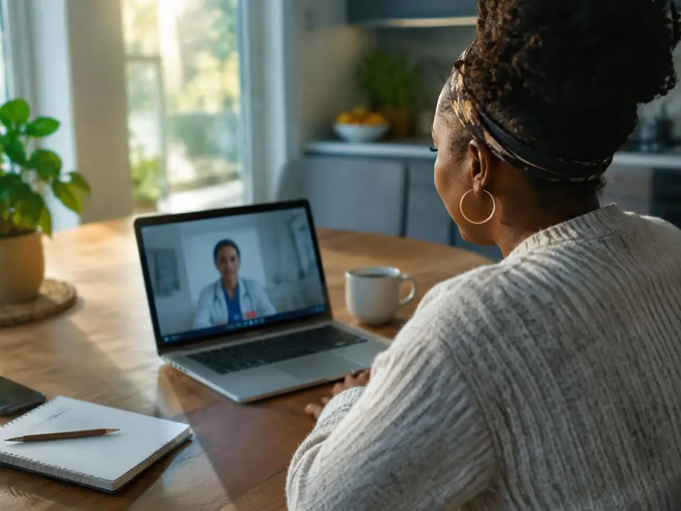 A patient joins a video visit with a clinician from her kitchen table.